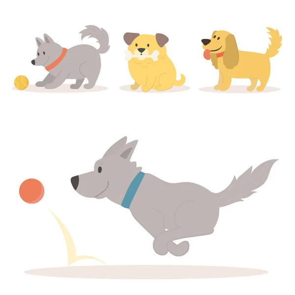 Vector ilustração bonito jogar cães personagens engraçado puppy de raça feliz mamífero de raça pura —  Vetores de Stock