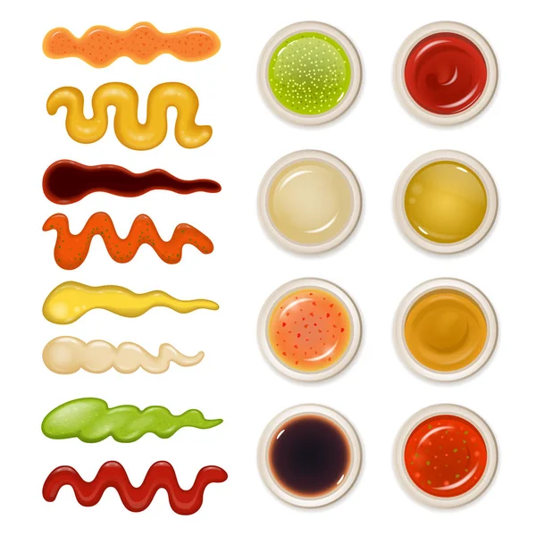 Salsa de comida líquida y salsa realista salsa de salsa diferente salsa mayonesa queso guacamole salsa ketchup wasabi mostaza aislado vector ilustración . — Archivo Imágenes Vectoriales