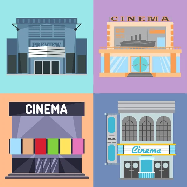 Cinema edifício vetor ilustração fachada filme entretenimento cidade casa arquitetura teatro exterior . —  Vetores de Stock