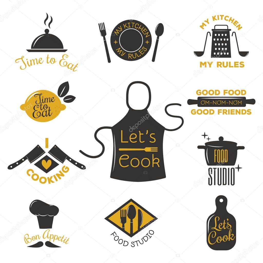 Bakery shop badges and cooking labels design classic kitchen elements set vector illustration.