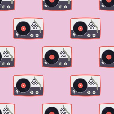 Oyuncu için vinil plak müzik düz Dikişsiz desen ses ses vintage gramofon vektör çizim.