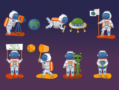 Vektör çalışma karakteri ve having fun astronotlar uzayda uzay adamı gökada atmosfer sistem fantezi seyahat adam.