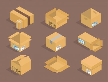Farklı kutu vektör izometrik simgeler izole paketi taşımak hizmet veya hediye konteyner ambalaj illüstrasyon