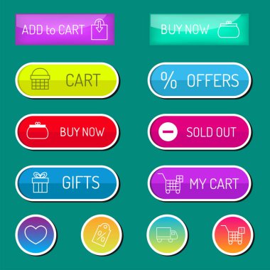 Renkli web sitesi online alışveriş web düğmeleri tasarlamak vektör çizim parlak grafik etiket internet şablon onaylamak
