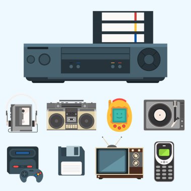 Vintage teknolojileri retro ses multimedia eğlence eski elektronik aygıtı iletişim illüstrasyon vektör.