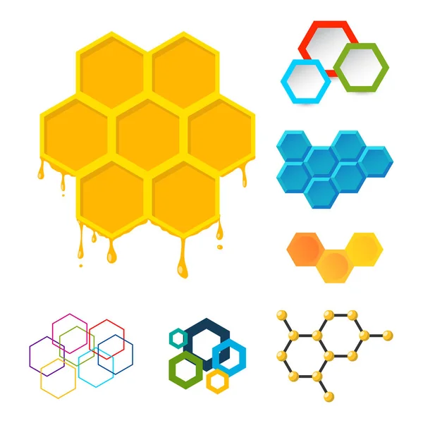 Éléments de conception vectoriels hexagonaux linéaires différents nids d'abeilles abstraits géométriques modernes technologies commerciales . — Image vectorielle