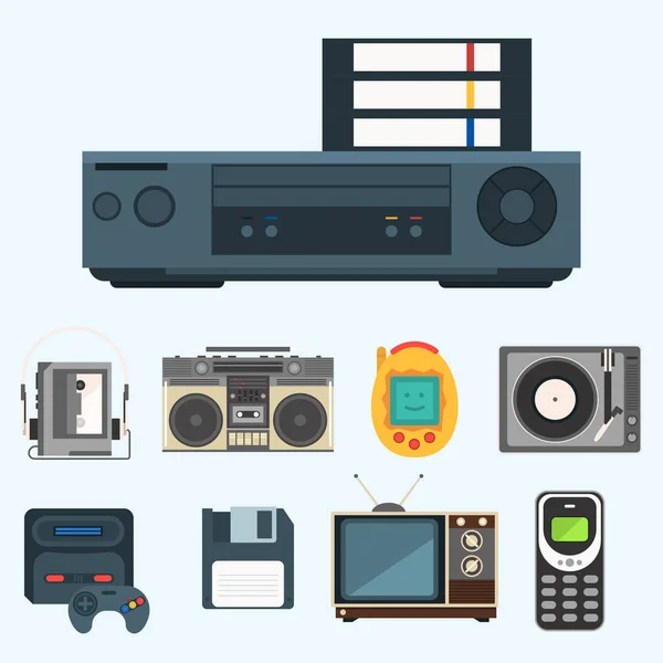 Tecnologias vintage vetor retro áudio entretenimento multimídia velho gadget eletrônico comunicação ilustração . —  Vetores de Stock