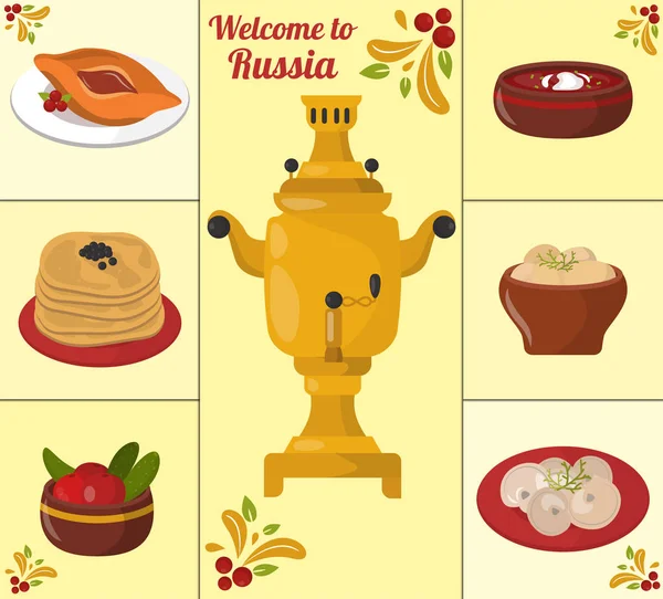 Tradiční ruské kuchyně kultura jídlo kurz jídlo Vítejte v Rusku gurmánské národní jídlo vektorové ilustrace — Stockový vektor