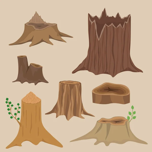 堆积木松木材建筑切割的树桩木材树树皮材料向量集 — 图库矢量图片