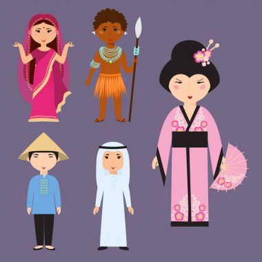 Farklı avatarlar çizgi film karakterleri farklı milletlerden kıyafetler ve saç stilleri insanlar illüstrasyon vektör.