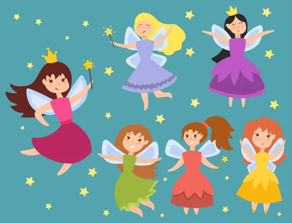 Fairy prinses aanbiddelijke karakters verbeelding schoonheid engel meisjes in edelstaal met vleugels vector illustratie. — Stockvector