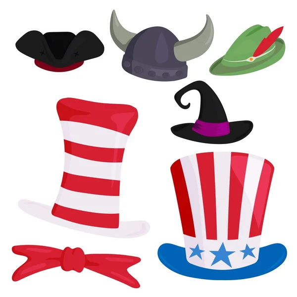 Hüte verschiedene lustige Mützen für Party-Feiertage und Maskerade traditionelle Kopfbedeckung Cartoon Kleidung Accessoire Vektor Illustration. — Stockvektor
