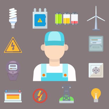 Enerji elektrik güç simgeler pil vektör çizim elektrikçi gerilim yuva teknoloji.