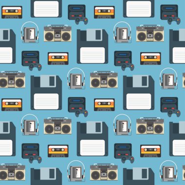 Vintage teknolojileri retro ses multimedia eğlence eski elektronik aygıtı iletişim Dikişsiz desen arka plan illüstrasyon vektör.