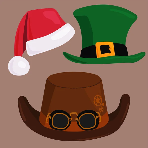 Chapéus diferentes bonés engraçados para festa feriados e mascarada tradicional headwear cartoon roupas acessório vetor ilustração . — Vetor de Stock