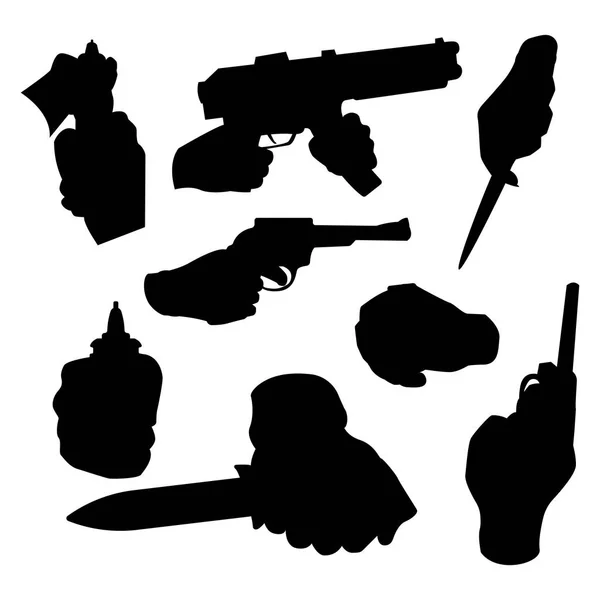 Hand firing with gun black silhouette protection ammunition crime military police firearm hands vector. — Stock Vector