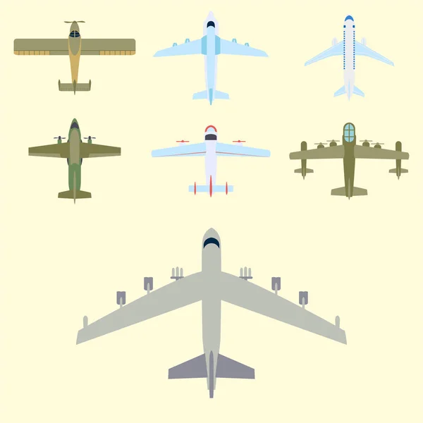 矢量飞机图顶视图和飞机运输旅行方式设计旅程对象. — 图库矢量图片