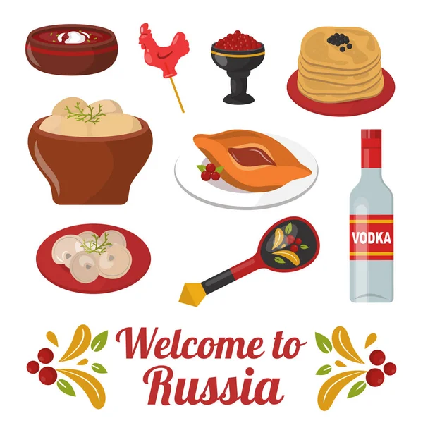 Cocina tradicional rusa cultura plato plato comida bienvenida a Rusia gourmet comida nacional vector ilustración — Archivo Imágenes Vectoriales