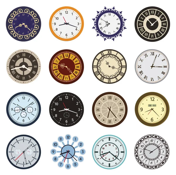 Horloge fait face à différents cercle de conception et les flèches numéros index montre dans le sens des aiguilles d'une montre chiffres flèches cadran vecteur illustration — Image vectorielle