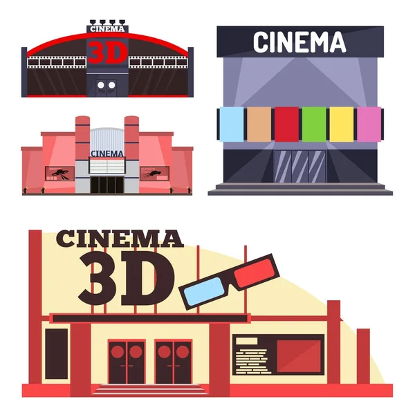 Cine edificio vector ilustración fachada película entretenimiento ciudad casa arquitectura teatro exterior . — Vector de stock