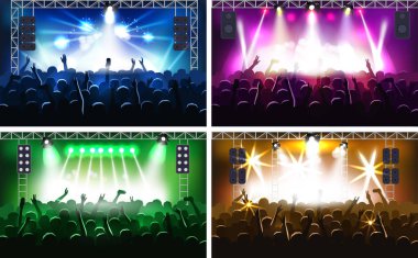 Müzik Festivali ya da konser akış sahne sahne ışıkları fanzone vektör çizim parti insan ile siluet eller