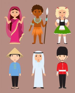 Farklı avatarlar çizgi film karakterleri farklı milletlerden kıyafetler ve saç stilleri insanlar illüstrasyon vektör.