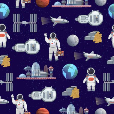 Uzay turizm gelecekteki seyahat şehir vektör çizim astronot ve uzay gemisi Dikişsiz desen arka plan ile