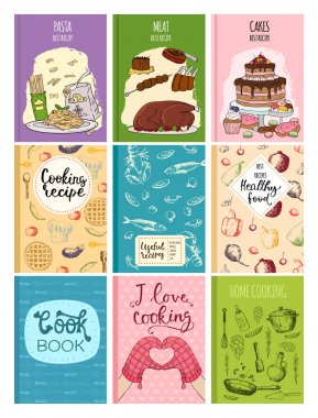 Mutfak tasarım kartları şablon elle çizilmiş mutfak tanımlama bilgisi notları doodle mutfak mutfak eşyaları vektör çizim ile pişirme tarifi kitap kapağı.