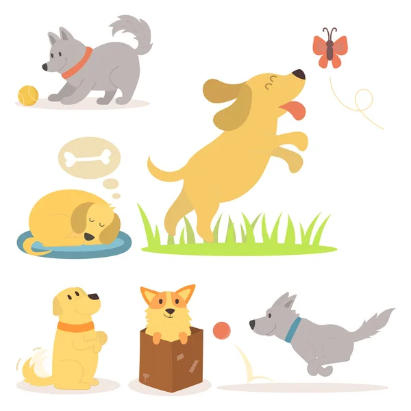 Векторна ілюстрація милі ігри собаки персонажі смішні чистокровні цуценята комікси щаслива порода ссавців — стоковий вектор