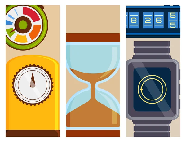 Zegar i zegarki flayer timer kolorowe pomiaru narzędzi numer informacji cyfrowych stoper ilustracja wektorowa — Wektor stockowy