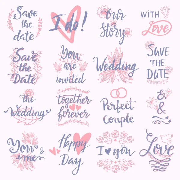 Casamento dia casamento frases texto lettering convite caligrafia artesanal saudação amor logotipo romântico vetor ilustração —  Vetores de Stock