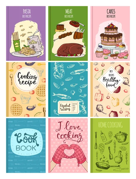 Cucina libri di ricette copertina cucina design card modello disegnato a mano note di biscotti culinari con utensili da cucina doodle vettoriale illustrazione . — Vettoriale Stock