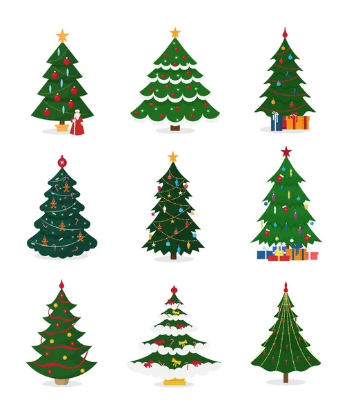 Christmas New Year tree vector icons with ornament star xmas gift design holiday celebration winter season party plant. — Stock Vector