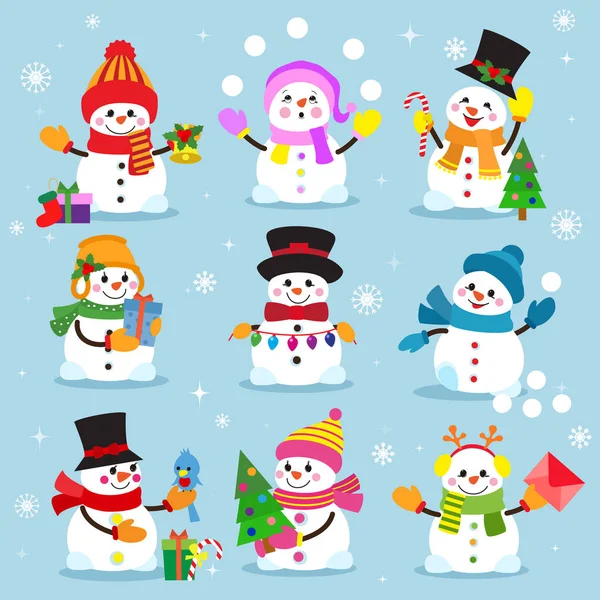雪人卡通冬季圣诞字符假日快乐圣诞雪男孩和女孩矢量图. — 图库矢量图片