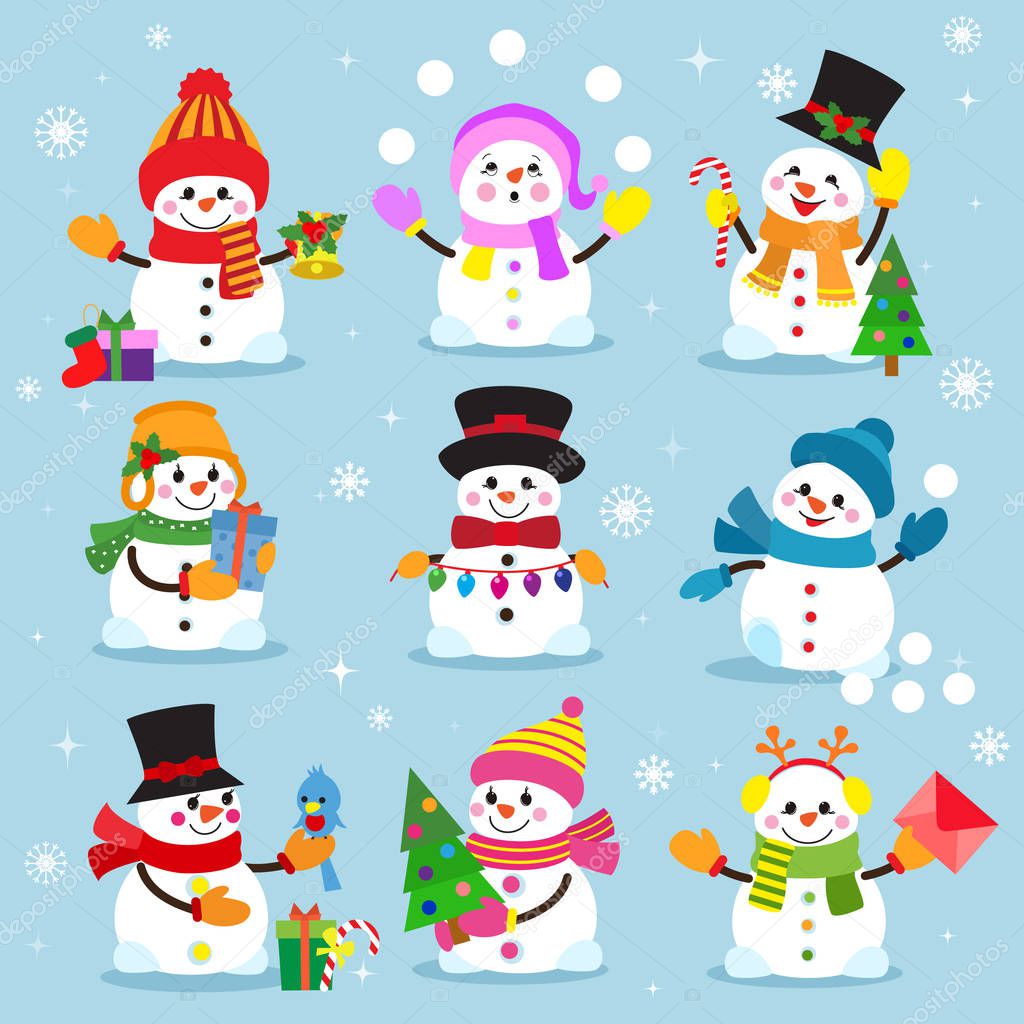 Snowman cartoon winter christmas character holiday merry xmas snow boys and girls vector illustration.