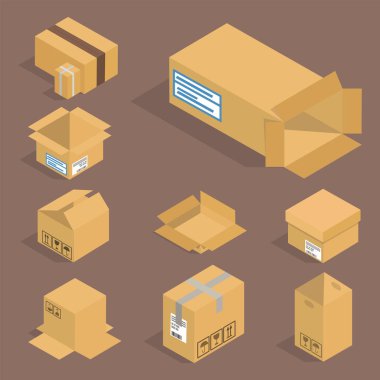 Farklı kutu vektör izometrik simgeler izole paketi taşımak hizmet veya hediye konteyner ambalaj illüstrasyon