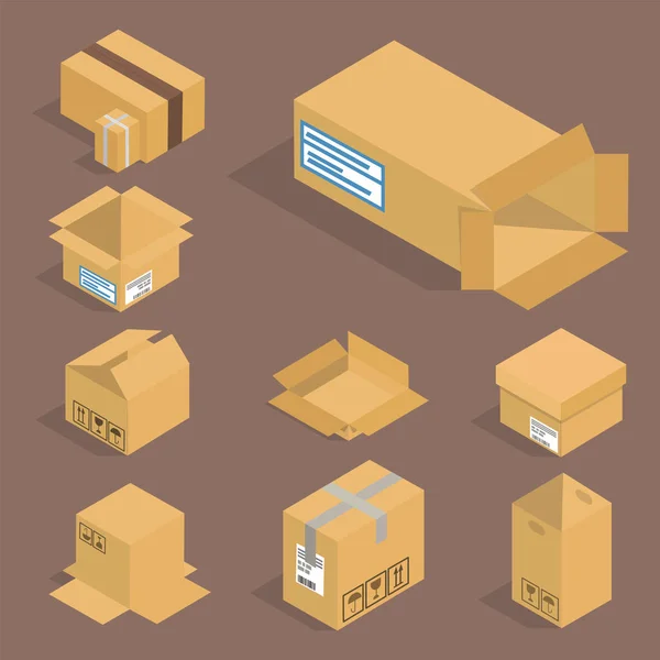 Ícones isométricos de vetor de caixa diferentes serviço de movimento de pacote isolado ou ilustração de embalagem de recipiente de presente —  Vetores de Stock