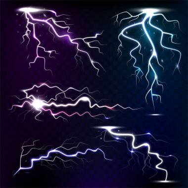 Şimşek fırtınası strike farklı şekil gerçekçi 3d ışık ışık efektleri vektör çizim.