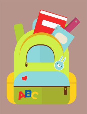 Okul çantası sırt çantası dolu çocuk sabit fermuar eğitim çuval vektör çizim malzemeleri.