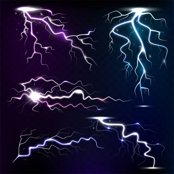 Lightning storm strike different shape realistic 3d light light effects vector illustration. — Stock Vector
