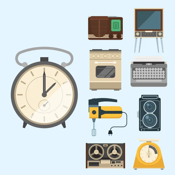 Retro vintage domácí spotřebiče vektorové nádobí antické technologie náčiní domácí práce elektrických zařízení ilustrace. — Stockový vektor