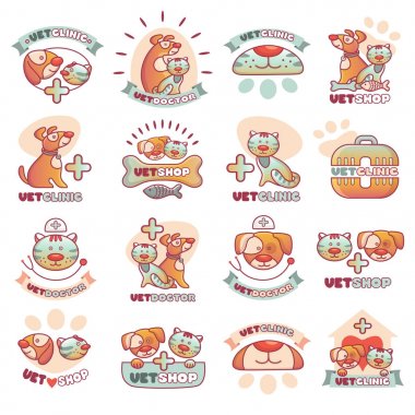 Veteriner Evcil Hayvan kliniği hayvan Logotype köpeklerle rozetleri ve kediler veteriner klinik veteriner Dükkanı vektör çizim.