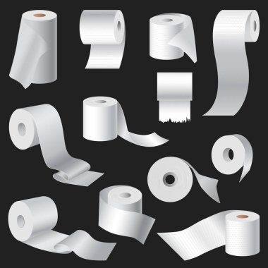 Gerçekçi tuvalet kağıdı ve mutfak havlu rulo şablon mockup izole vektör çizim boş beyaz 3d ambalaj ayarla.