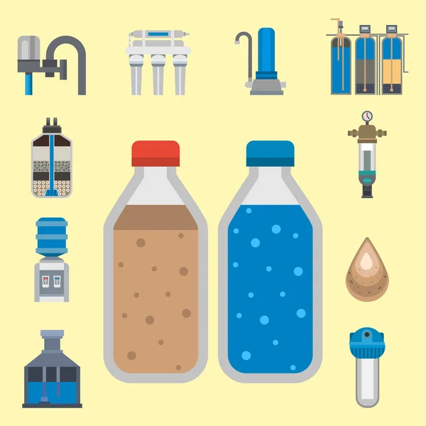 Water zuivering pictogram kraan verse prullenbak pomp astewater behandeling collectie vectorillustratie. — Stockvector