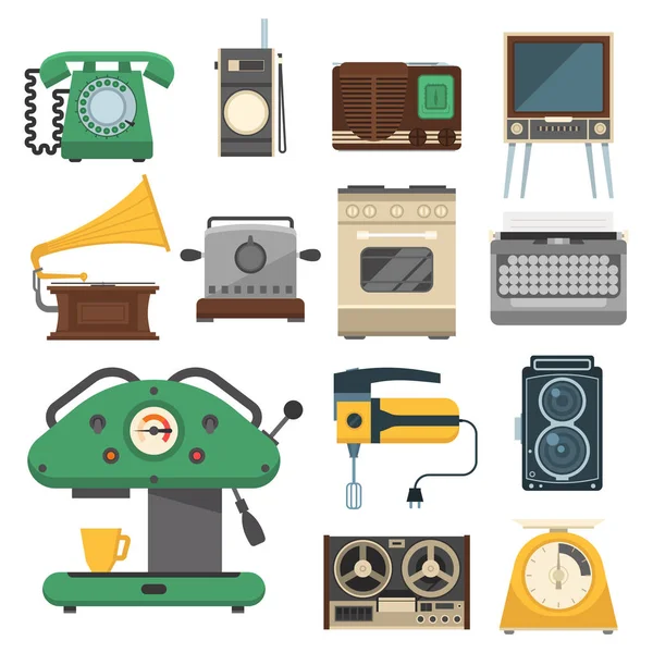Elettrodomestici vintage retrò vector stoviglie tecnologia antica utensile lavori domestici apparecchiature elettriche illustrazione . — Vettoriale Stock
