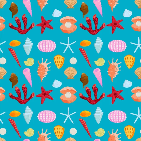 Conchas do mar desenho animado marinho concha-molusco sem costura padrão fundo oceano estrela do mar coralino vetor ilustração — Vetor de Stock