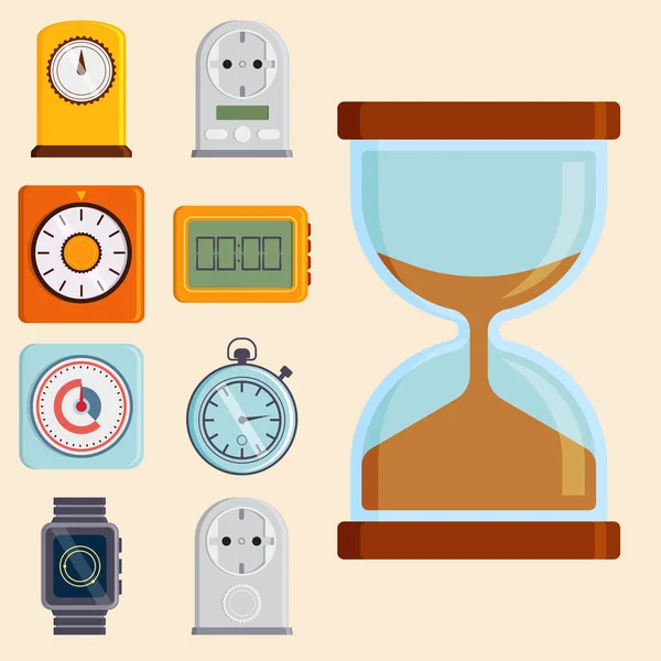 Relógio e relógios temporizador vetorial ferramentas de medição coloridas número informação digital cronômetro ilustração — Vetor de Stock