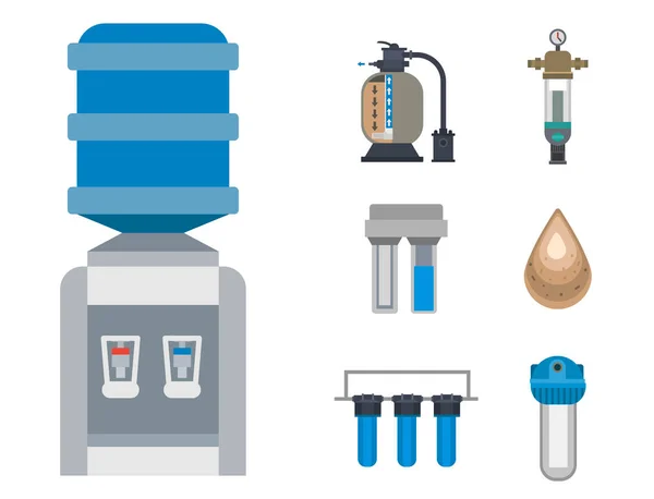 Icono de purificación de agua grifo fresco reciclaje bomba tratamiento de aguas residuales colección vector ilustración . — Vector de stock