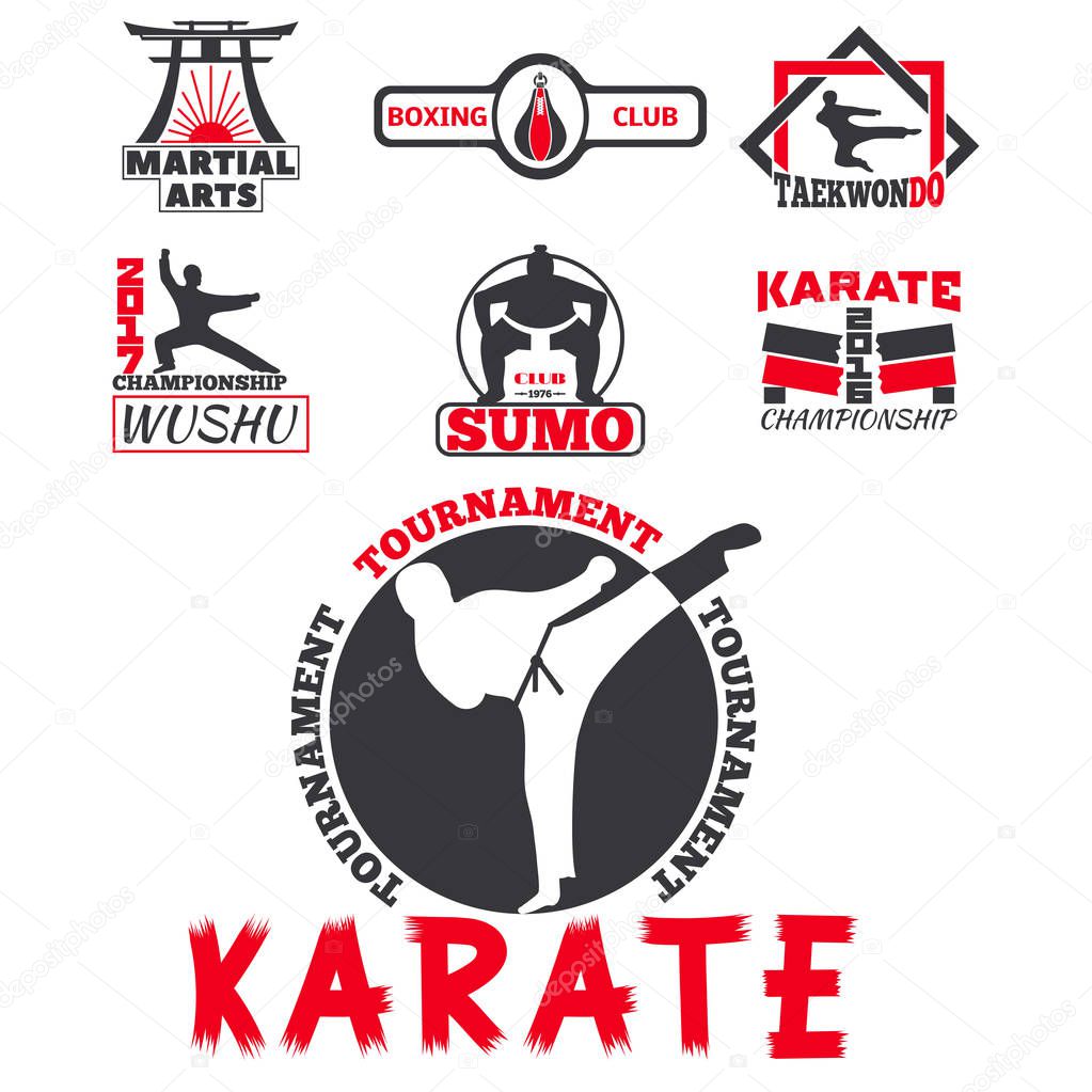 Set of cool fighting club emblems, labels, fight badges, logos. Martial training champion graphic style. Punch sport fist karate vintage symbol vector illustration.