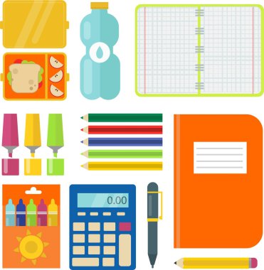 Okul çocuk sabit eğitim Aksesuar öğrenci defter vektör çizim malzemeleri.